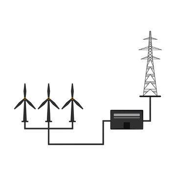 Windmill power plant connected to an electrical tower. Vector illustration design