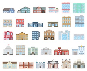 Buildings set. Residential cottages, store, mall, shop, museum, hospital, library, bank, cinema, religion, police, fire, school, university building isolated on white background.