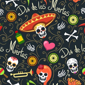 Dead day pattern. November mexican holiday dia de los muertos (day of the dead) vector semless pattern with sugar skulls and flowers