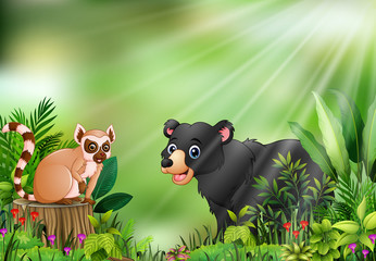 Cartoon of the nature scene with a lemur sitting on tree stump and black bear
