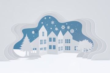Merry Christmas and Happy new year, Snow urban countryside landscape, City village with copy space, Create custom greeting cards given on special occasions, 3D rendering and minimal concept design.