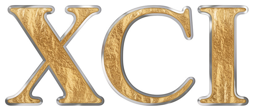 Roman numeral XCI, unus et nonaginta, 91, ninety one, isolated on white background, 3d render