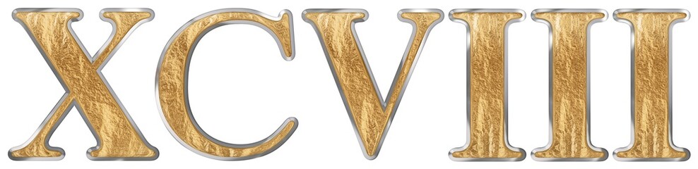 Roman numeral XCVIII, octo et nonaginta, 98, ninety eight, isolated on white background, 3d render