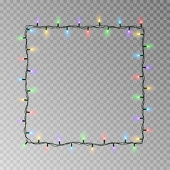 Christmas lights square vector, light string frame isolated on dark background with copy space. Tran - 231100593