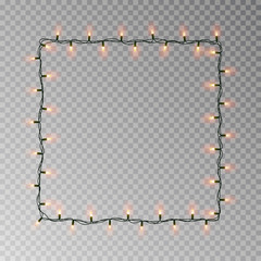 Christmas lights square vector, light string frame isolated on dark background with copy space. Tran