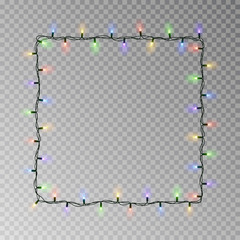 Christmas lights square vector, light string frame isolated on dark background with copy space. Tran - 231100595