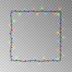 Christmas lights square vector, light string frame isolated on dark background with copy space. Tran - 231100597