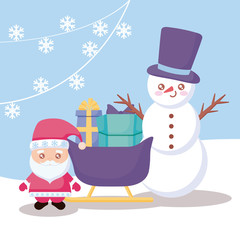 santa claus with sled and snowman