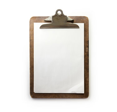 Old used clipboard with sheets of paper and slightly folded corner. dark brown clipboard. Isolated on white.