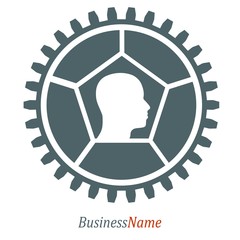 Hexagon geometric shape, gear and human head. Minimal abstract emblem template.