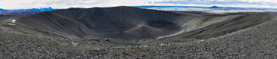 Panoramic of Hverfjall Crater in Iceland, a volcanic crater near Lake Myvatn.