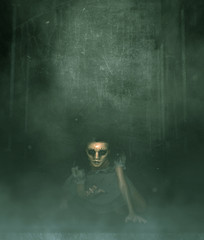 ghost woman in creepy mask as she have to hiding her face,3d illustration