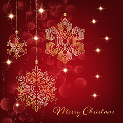 Illustration of christmas greeting card or invitation with decorative snowflakes, golden beads and bokeh lights on red background