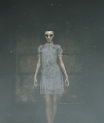 ghost woman in creepy mask as she have to hiding her face,3d illustration