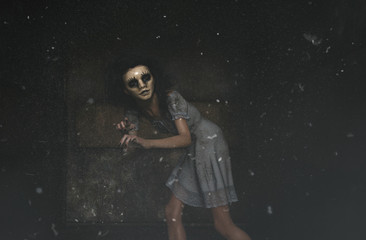 ghost woman in creepy mask as she have to hiding her face,3d illustration