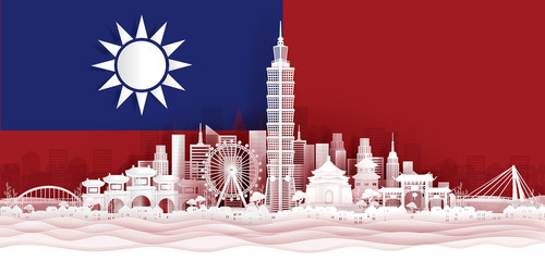 Naklejka premium Taipei flag and famous landmarks in paper cut style vector illustration.