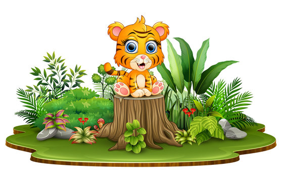 Cartoon happy baby tiger sitting on tree stump with green plants
