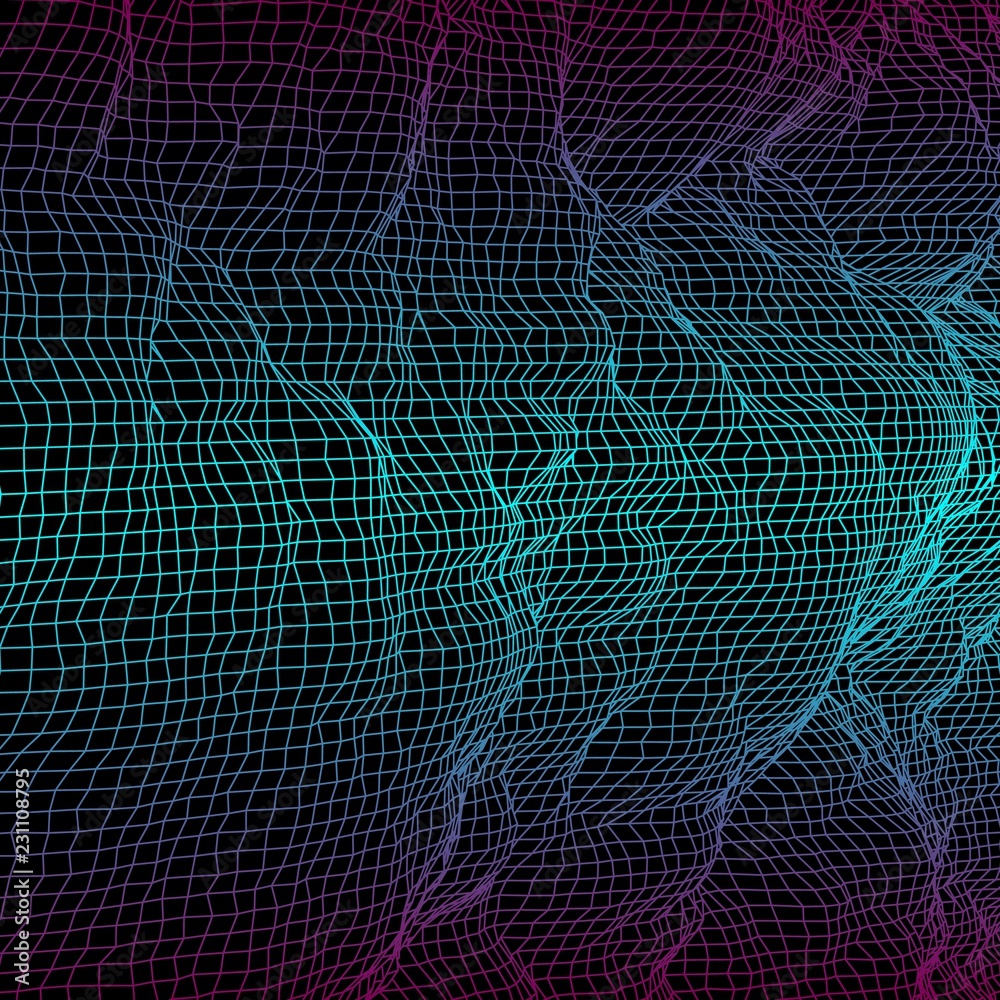 Poster digital landscape with mountains or clouds made of line grid