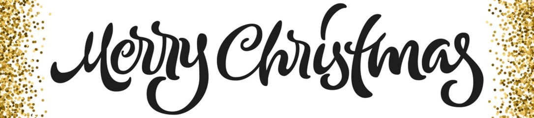 Merry Christmas calligraphic hand drawn lettering banner with golden glitter for happy winter xmas holidays