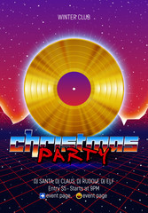 Fototapeta na wymiar Christmas party invitation poster or flyer with 80s neon style and vinyl lp for dj