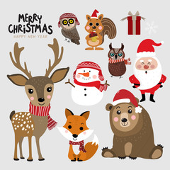 Cute forest animals and Santa Clause in Christmas holidays. Wildlife cartoon character vector set. Santa Clause, snowman, deer, bear, owl, fox and squirrel in winter costume.