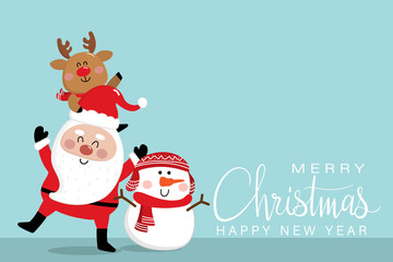 Merry Christmas and happy new year with cute Santa, reindeer and snowman. Holidays cartoon character vector.