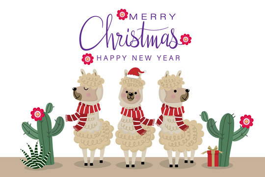 Merry Christmas greeting card with cute alpaca wear red scarf. Animal wildlife cartoon character.