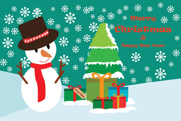 Merry christmas with snowman and gift box in winter backgrounds