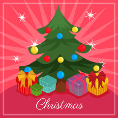 cute christmas card with gift box and christmas tree