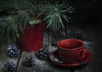 christmas still life with cup of tea