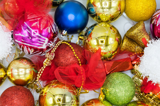 Christmas background image of colorful balls and decorations.
