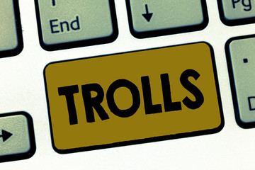 Writing note showing Trolls. Business photo showcasing Internet slang troll person who starts upsets people on Internet.