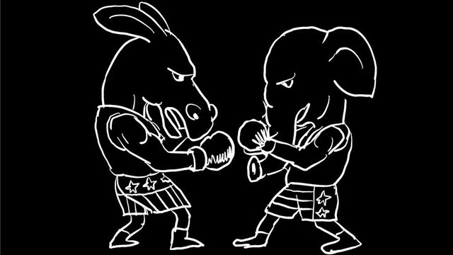 2d Animation motion graphics showing a drawing of a Democrat donkey boxer and a Republican elephant fighting in a boxing match white, green screen and alpha matte in HD high definition.