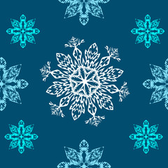 Seamless pattern of white and blue snowflakes on a blue background for decorating Christmas and New Year holidays. Vector illustration.
