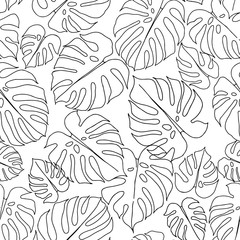 Seamless pattern with monstera leaves on white background. Vector monochrome illustration. Hand-drawn leaf outlines.