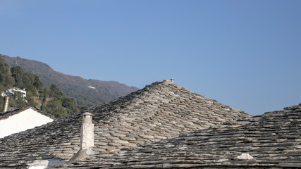 Fototapeta na wymiar Tiled roofs with chimneys against a blue sky and green hills