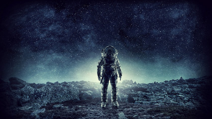 Spaceman landing planet. Mixed media - obrazy, fototapety, plakaty