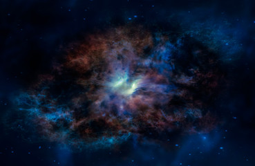 Landscape background of fantasy alien galaxy with glowing clouds and stars with light at the middle. The elements of this image furnished by NASA.