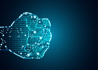 Big data and artificial intelligence concept. Machine learning and cyber mind domination concept in form of men fist outline with circuit board and binary data flow on blue background.