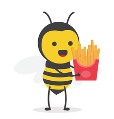 vector illustration character cartoon design cute honey yellow bee mascot holding delicious fried french with in white background