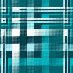 Plaid pattern in teal green, blue and white. Seamless fabric texture.