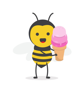 vector illustration character cartoon design cute honey yellow bee mascot holding delicious sweet pink ice cream cone with in white background