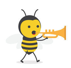 vector illustration character cartoon design cute honey yellow bee mascot holding play trumpet music with in white background