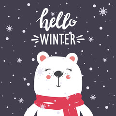 Fototapeta premium Hand drawn illustration with happy bear, snow and lettering. Colorful cute background vector. Hello winter, poster design. Decorative backdrop with english text, animal. Funny card, phrase