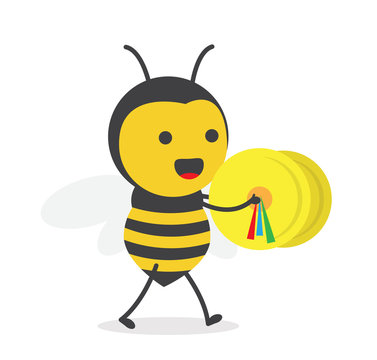 vector illustration character cartoon design cute honey yellow bee mascot holding play gold cymbal music with in white background