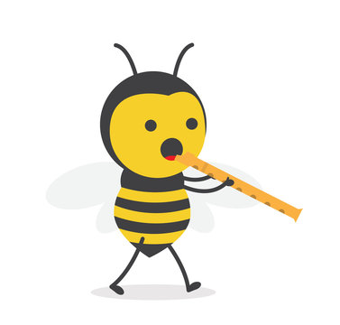 vector illustration character cartoon design cute honey yellow bee mascot holding play flute music with in white background