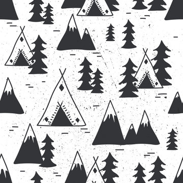 Landscape, seamless pattern vector. Backdrop, mountains, wigwams, fir trees. Decorative wallpaper, good for printing. Hand drawn overlapping background