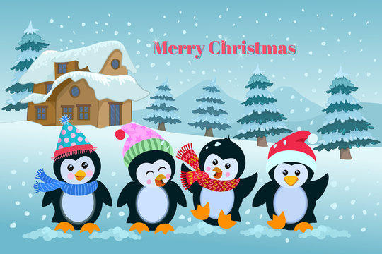 Christmas winter holidays background with cute cartoon penguins