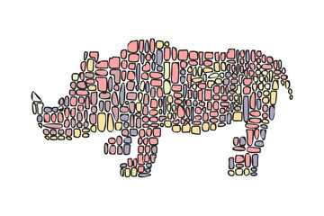 Hand drawn vector illustration in Mondriaan (Mondrian) style isolated pink dinosaur rhinoceros