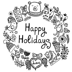 Christmas and New Year wreath with hand drawn elements. Winter and festive doodle background. Greeting card. 